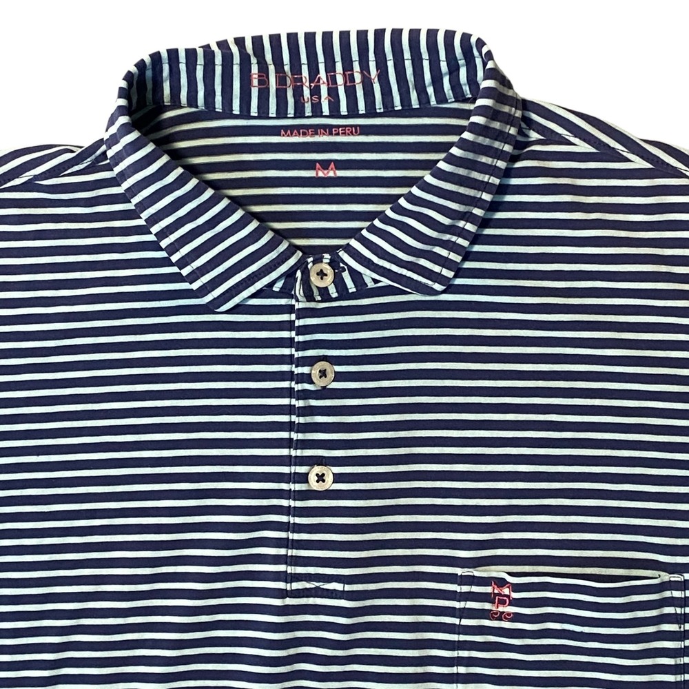 B. Draddy Navy Blue Light Blue Striped Pima Cotton Spandex Polo Shirt Size M